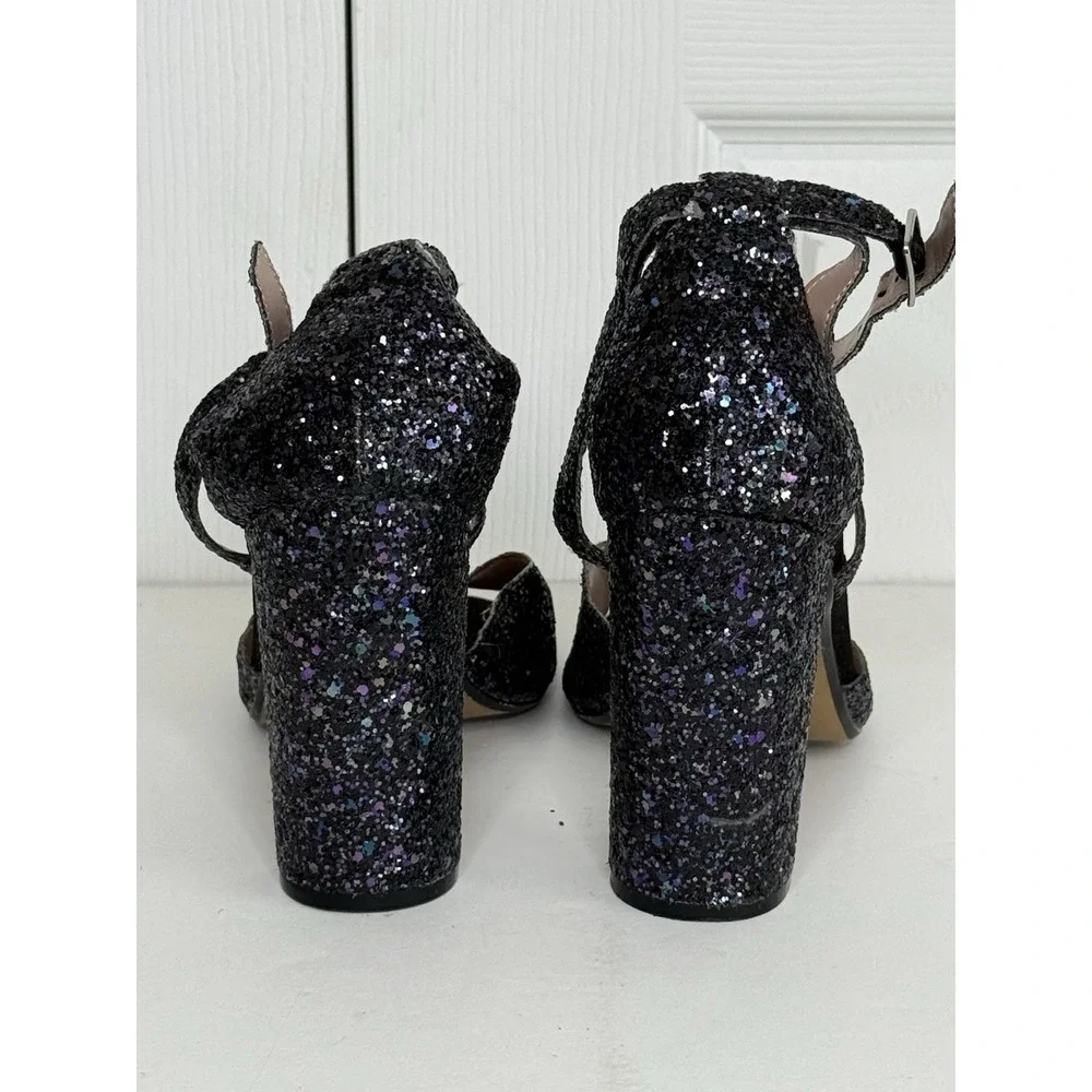 Betsey Johnson Glissten Black Glitter Heels Peep Toe Adjustable Ankle Strap Sz 9 - Picture 14 of 15